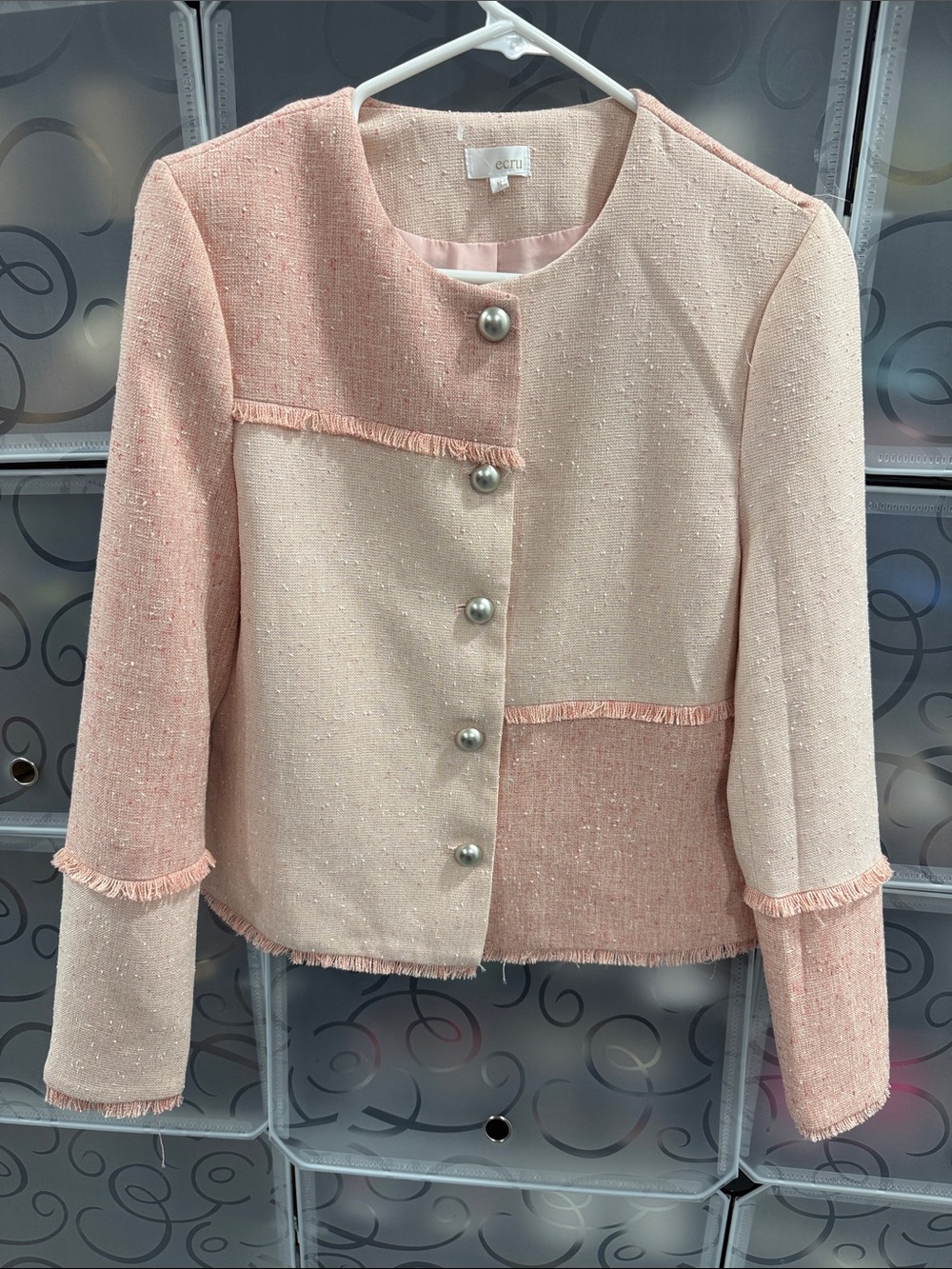 ECRU Two-Tone Pink Bouclé Blazer with Pearl Buttons